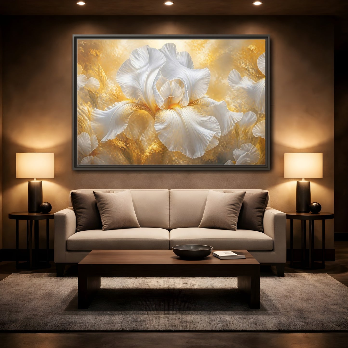 Mockup 2. Golden White Iris Bloom shown as framed canvas print