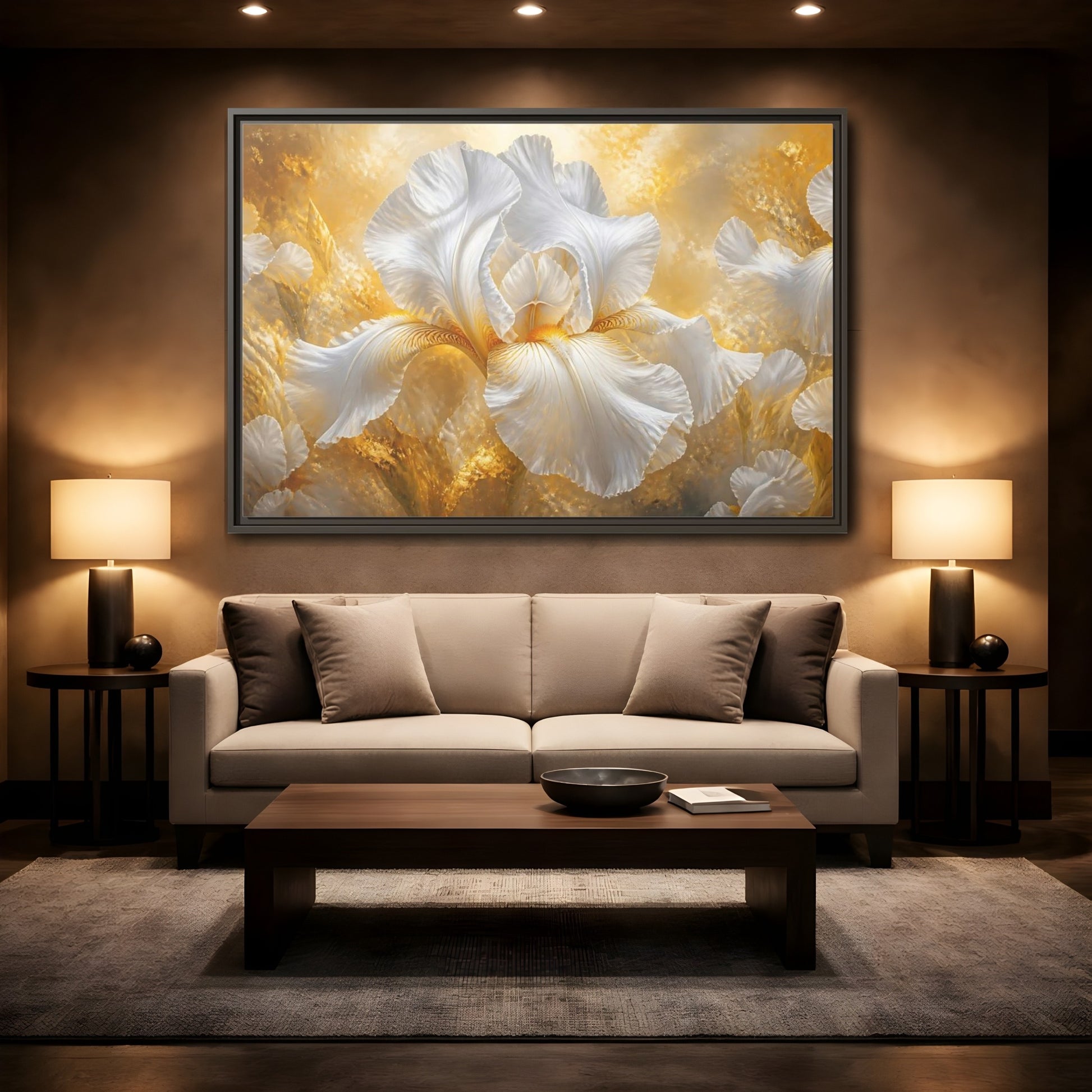 Mockup 2. Golden White Iris Bloom shown as framed canvas print