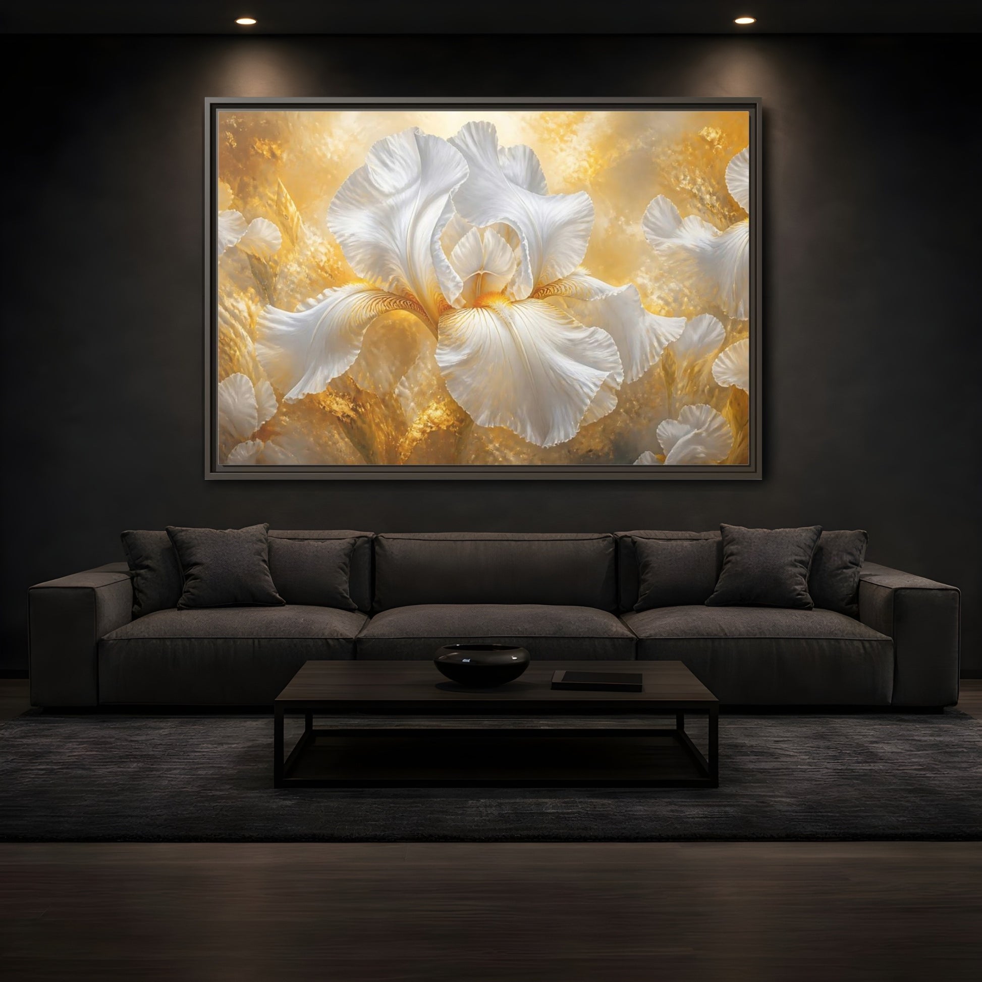 Mockup 3. Golden White Iris Bloom shown as framed canvas print