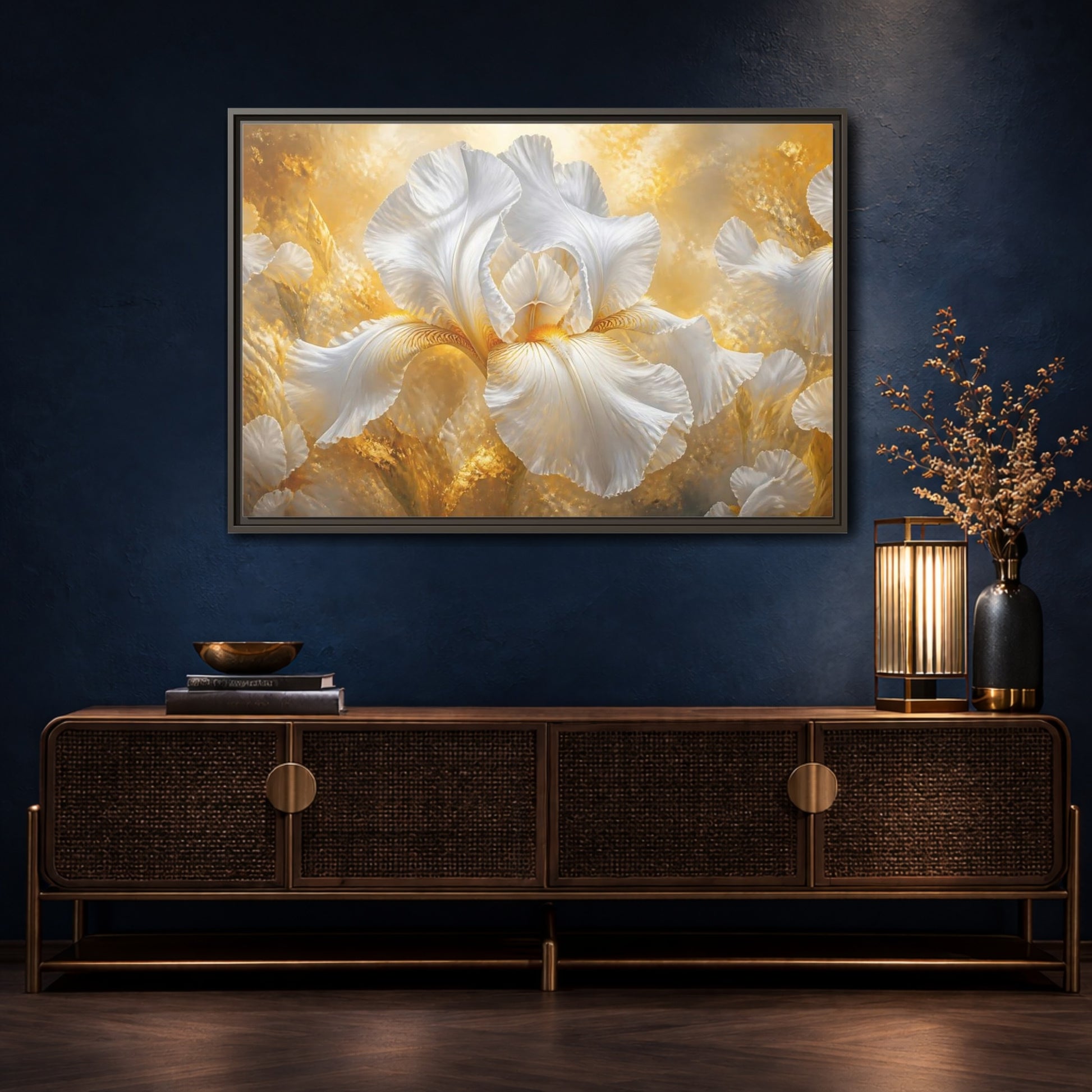 Mockup 4. Golden White Iris Bloom shown as framed canvas print