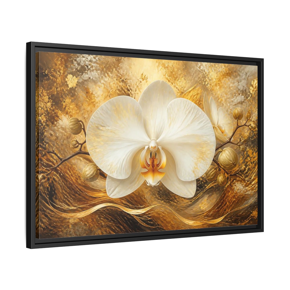 Side Mockup 14. Golden White Orchid shown as framed canvas print