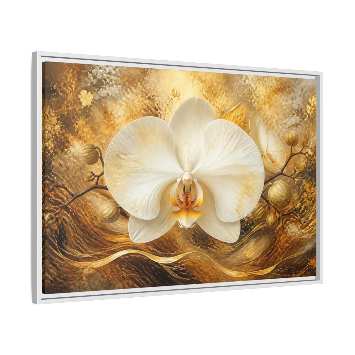 Side Mockup 9. Golden White Orchid shown as framed canvas print