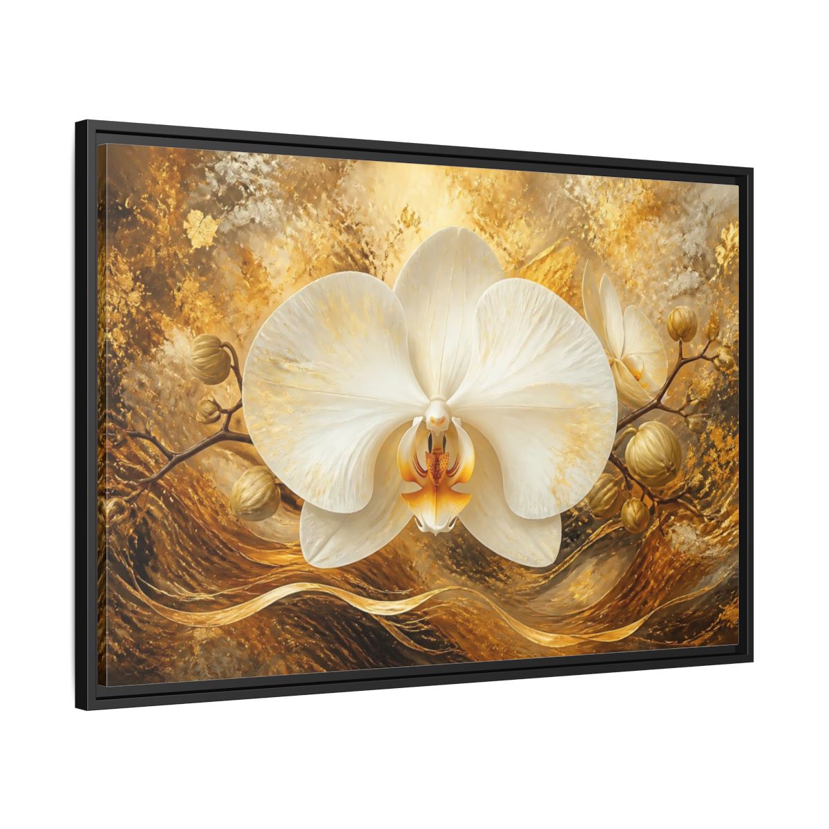 Side Mockup 13. Golden White Orchid shown as framed canvas print