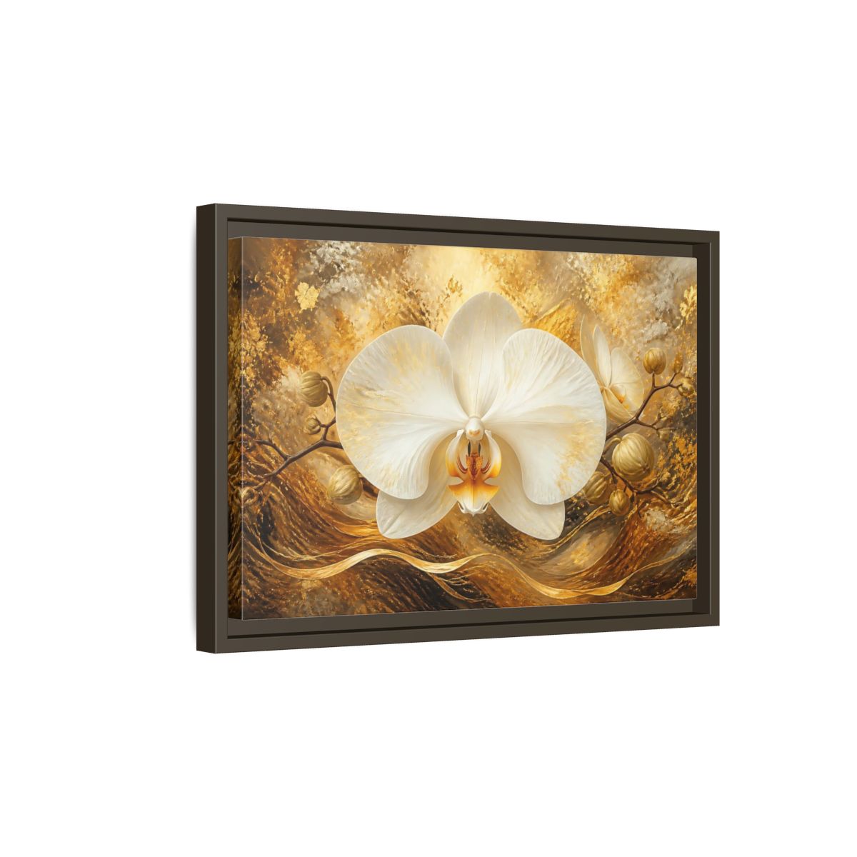 Side Mockup 5. Golden White Orchid shown as framed canvas print
