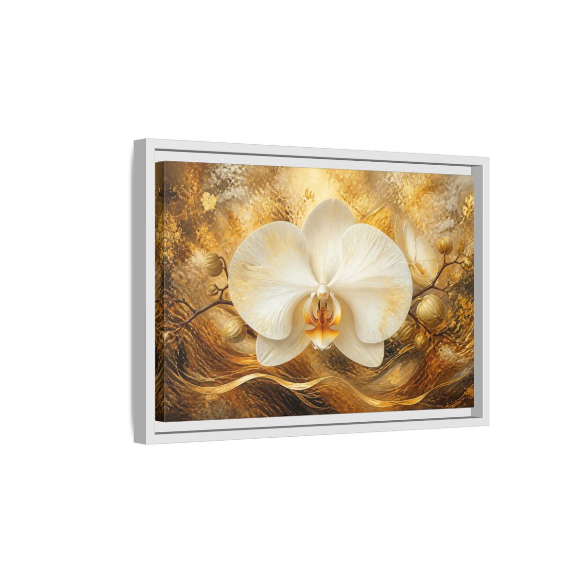 Side Mockup 4. Golden White Orchid shown as framed canvas print