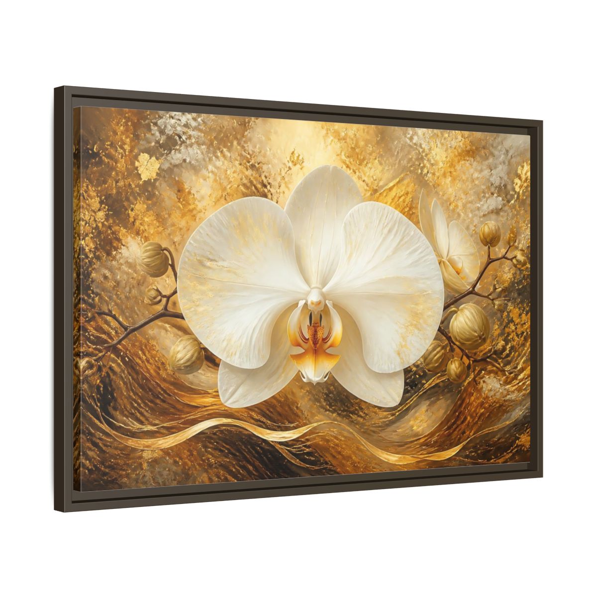 Side Mockup 11. Golden White Orchid shown as framed canvas print