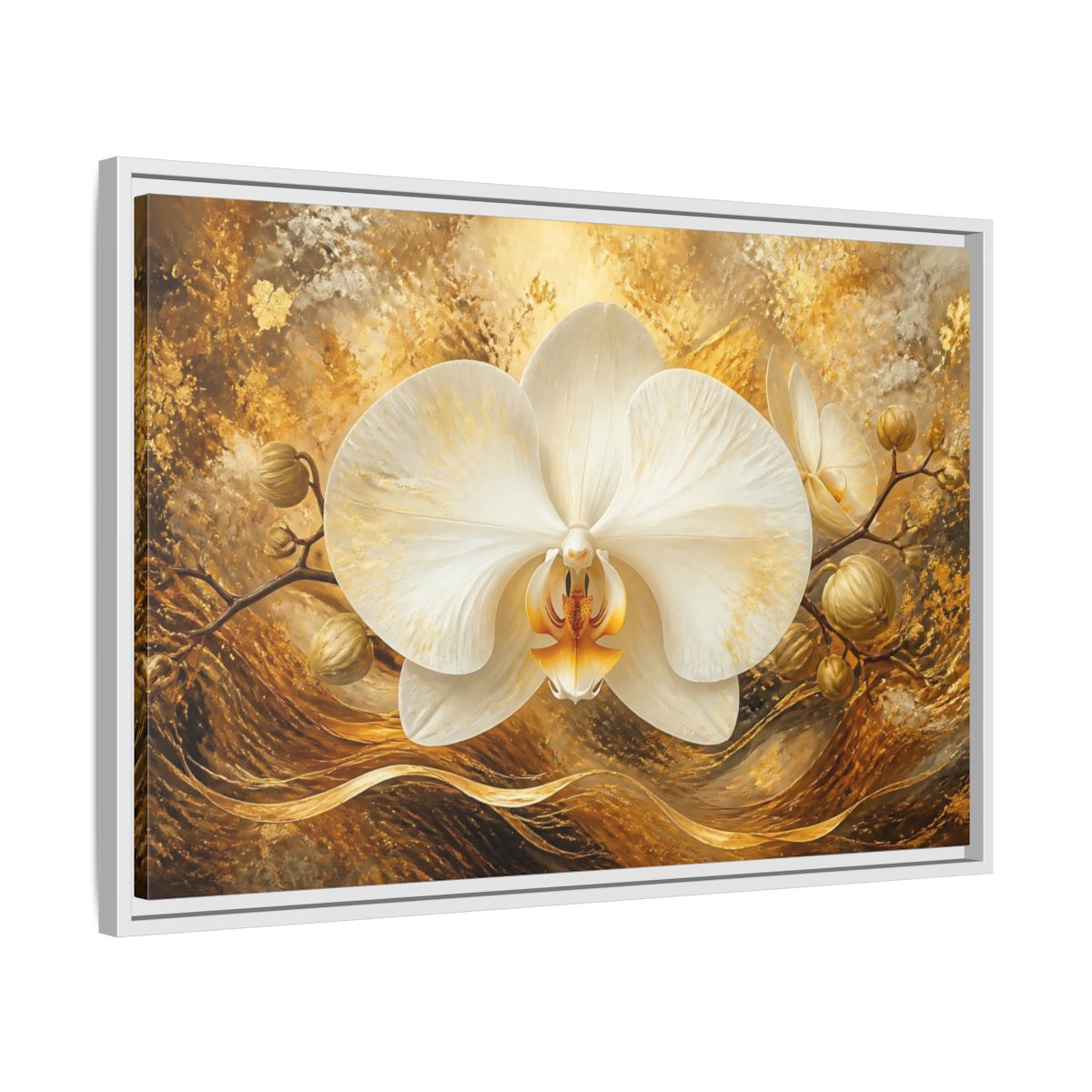 Side Mockup 10. Golden White Orchid shown as framed canvas print