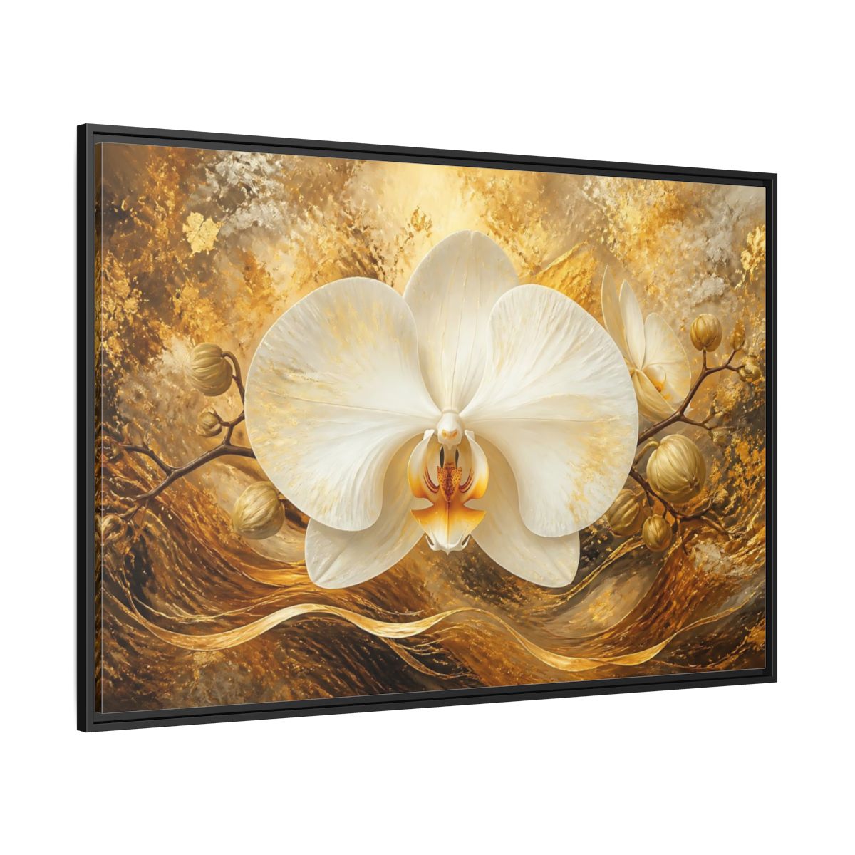 Side Mockup 12. Golden White Orchid shown as framed canvas print