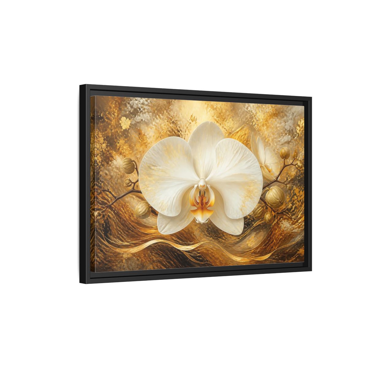 Side Mockup 3. Golden White Orchid shown as framed canvas print