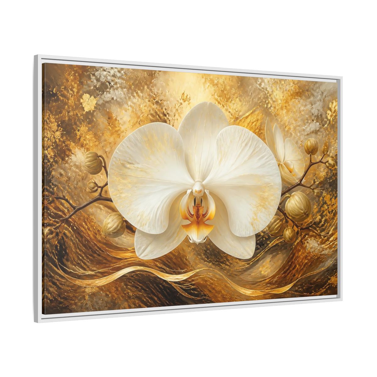 Side Mockup 7. Golden White Orchid shown as framed canvas print