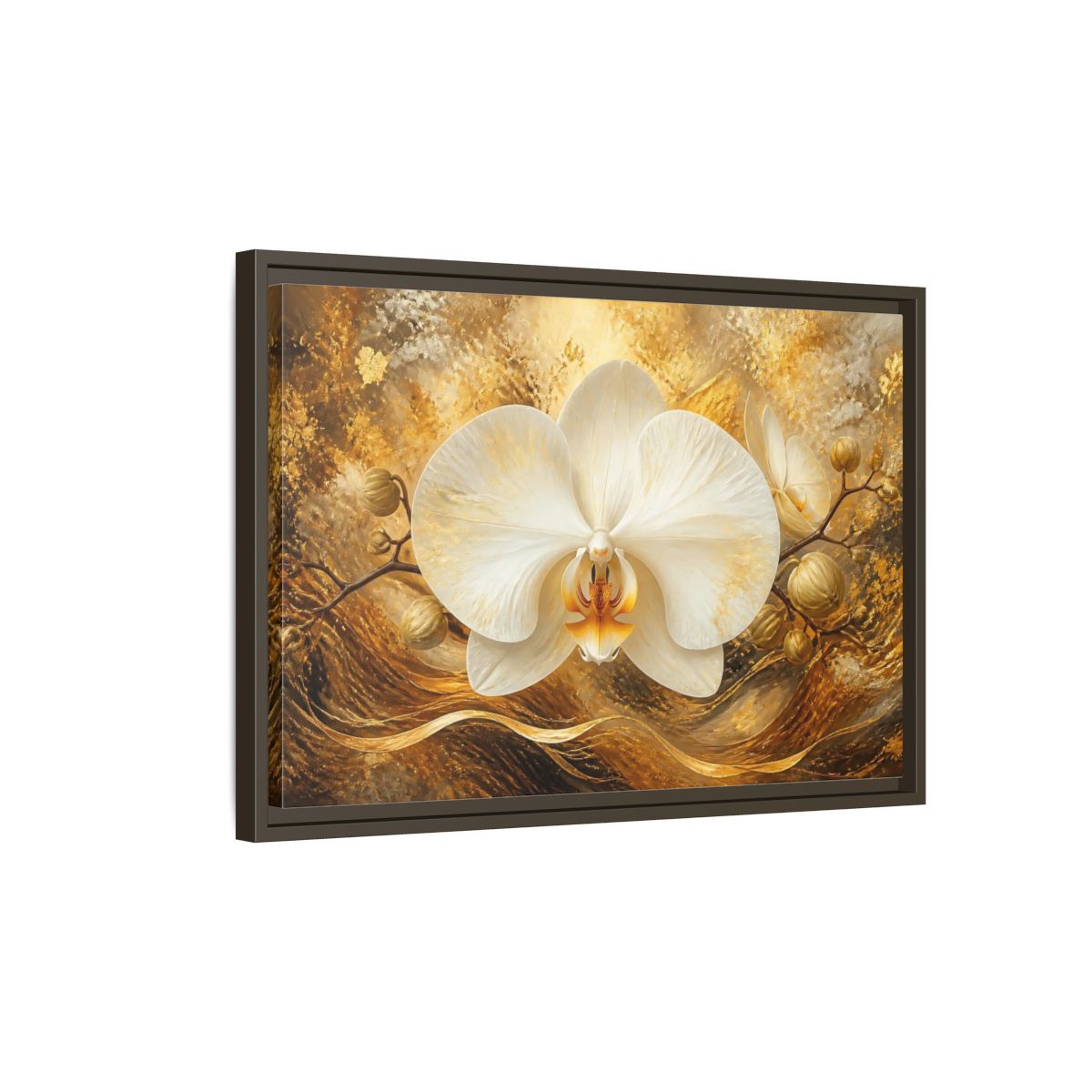 Side Mockup 2. Golden White Orchid shown as framed canvas print
