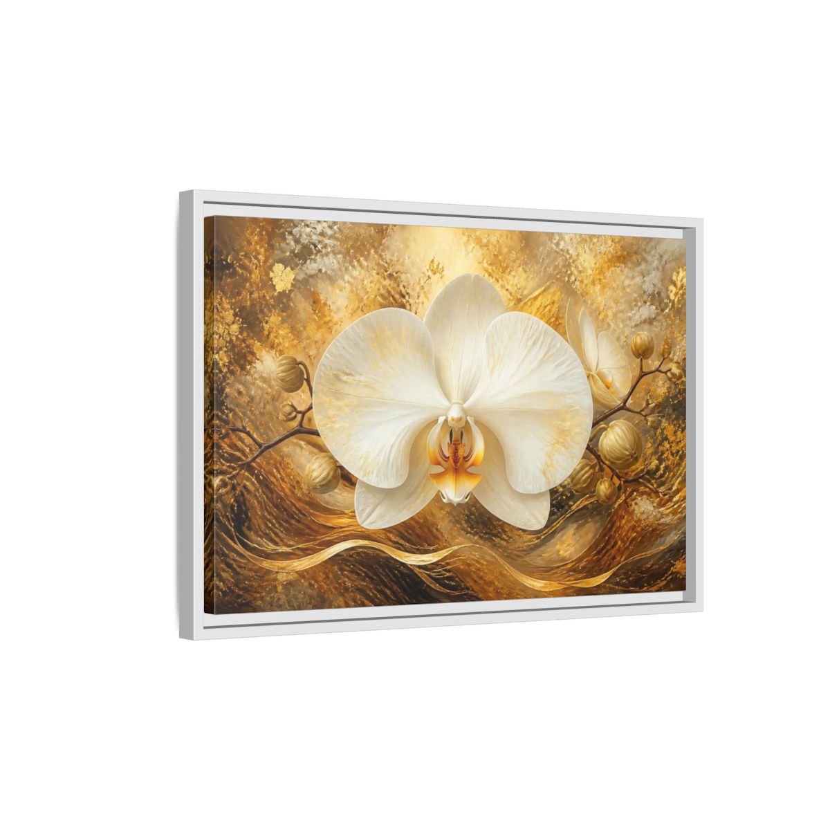 Side Mockup 1. Golden White Orchid shown as framed canvas print