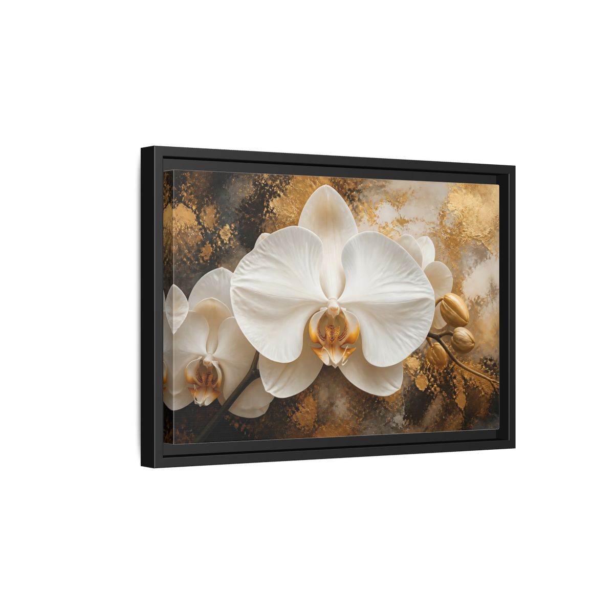 Side Mockup 6. Golden White Orchid shown as framed canvas print