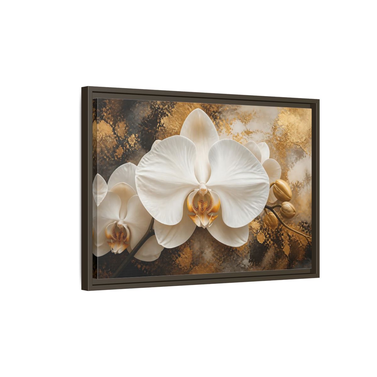 Side Mockup 2. Golden White Orchid shown as framed canvas print