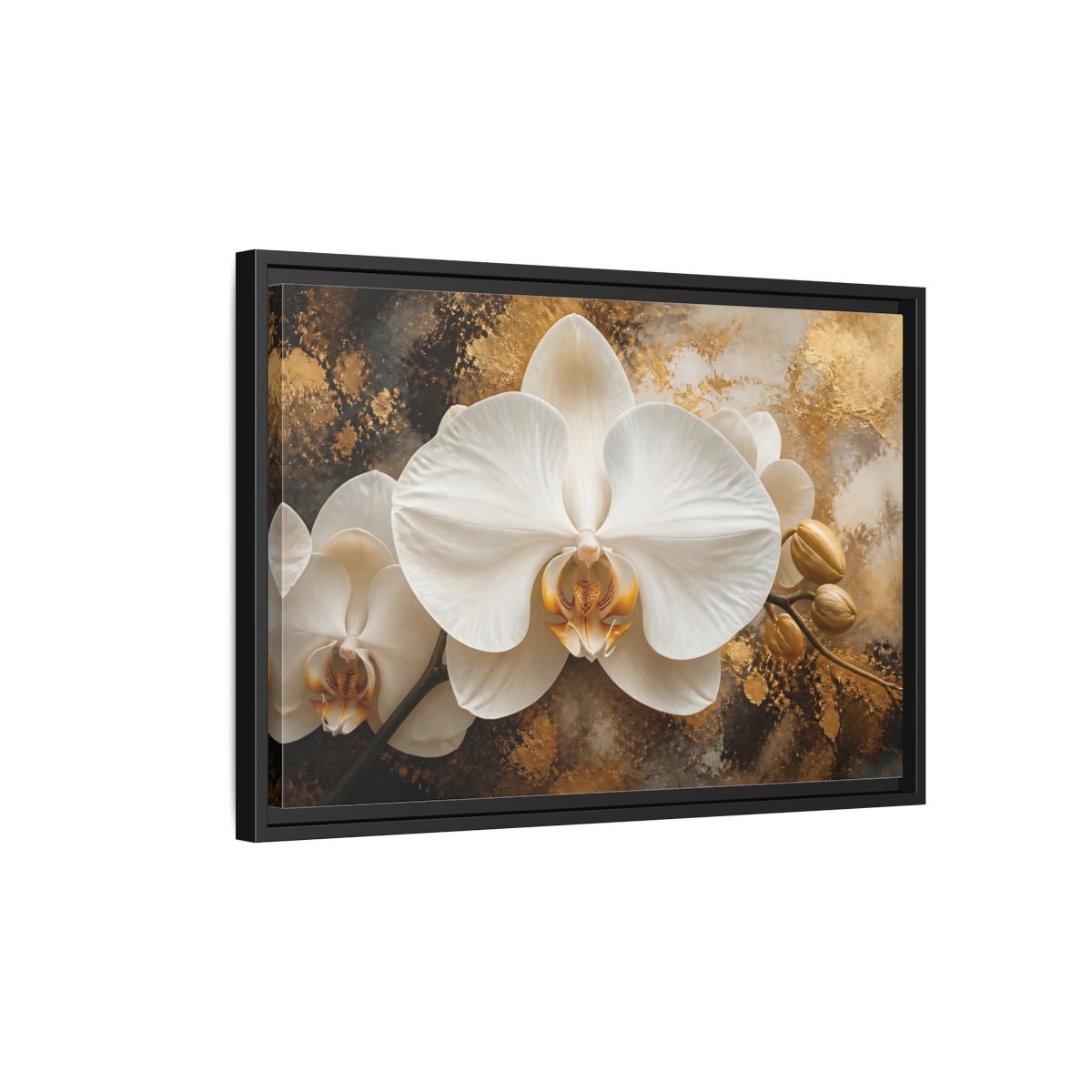 Side Mockup 3. Golden White Orchid shown as framed canvas print