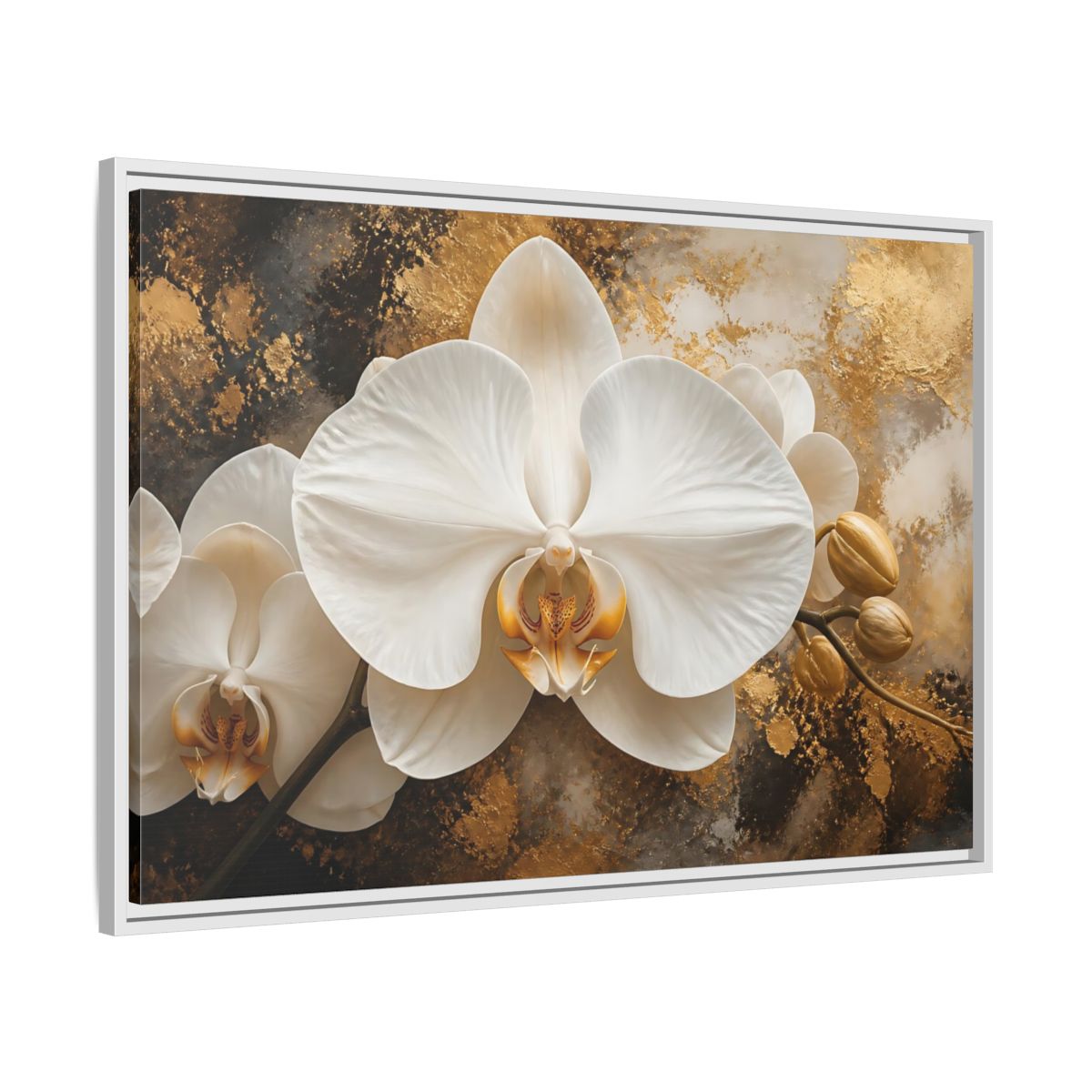 Side Mockup 9. Golden White Orchid shown as framed canvas print