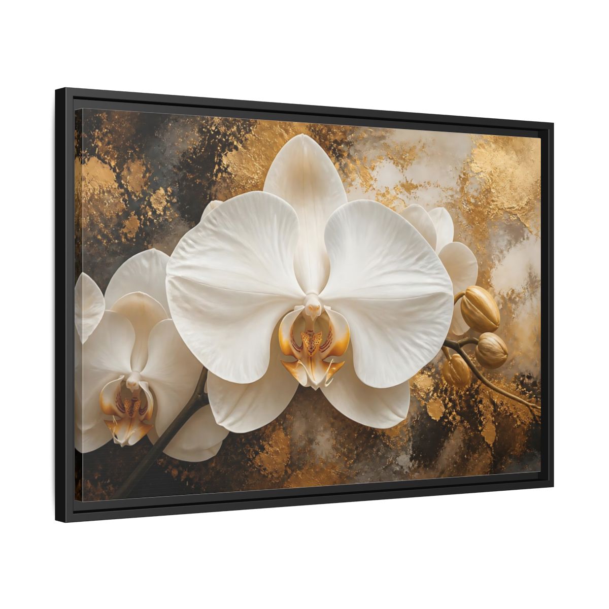 Side Mockup 14. Golden White Orchid shown as framed canvas print