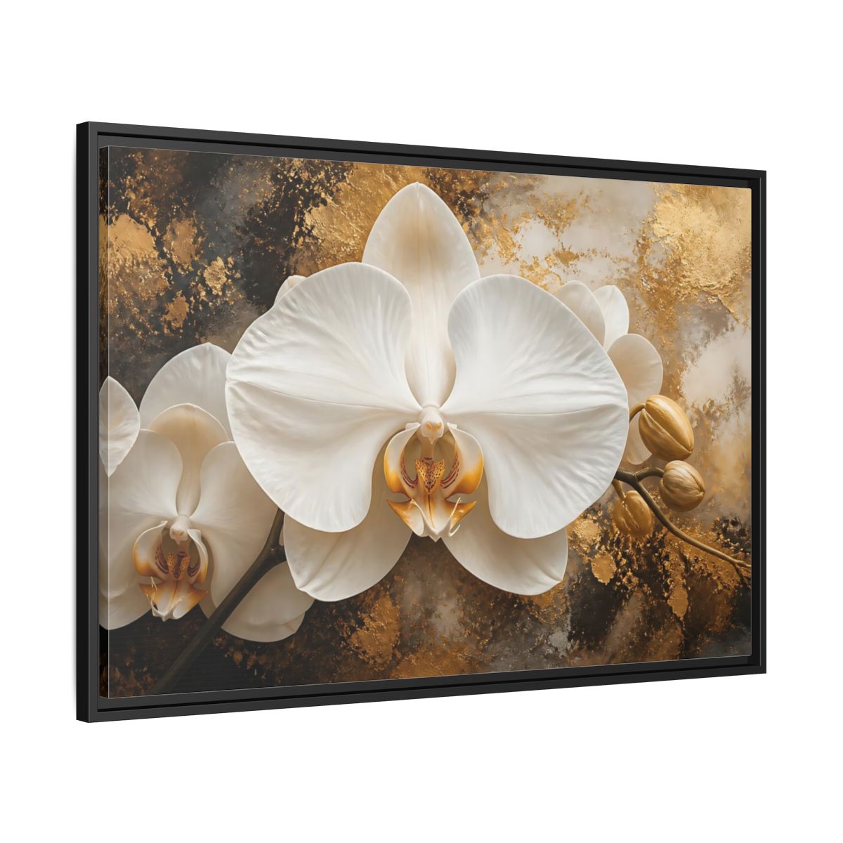 Side Mockup 13. Golden White Orchid shown as framed canvas print