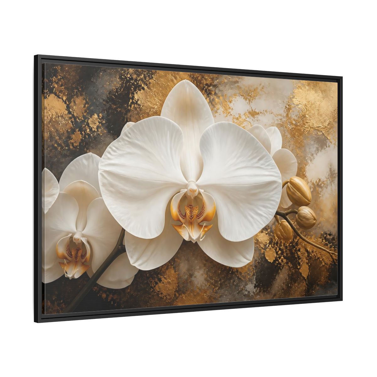 Side Mockup 12. Golden White Orchid shown as framed canvas print