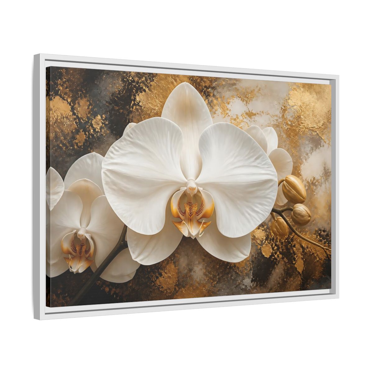 Side Mockup 10. Golden White Orchid shown as framed canvas print