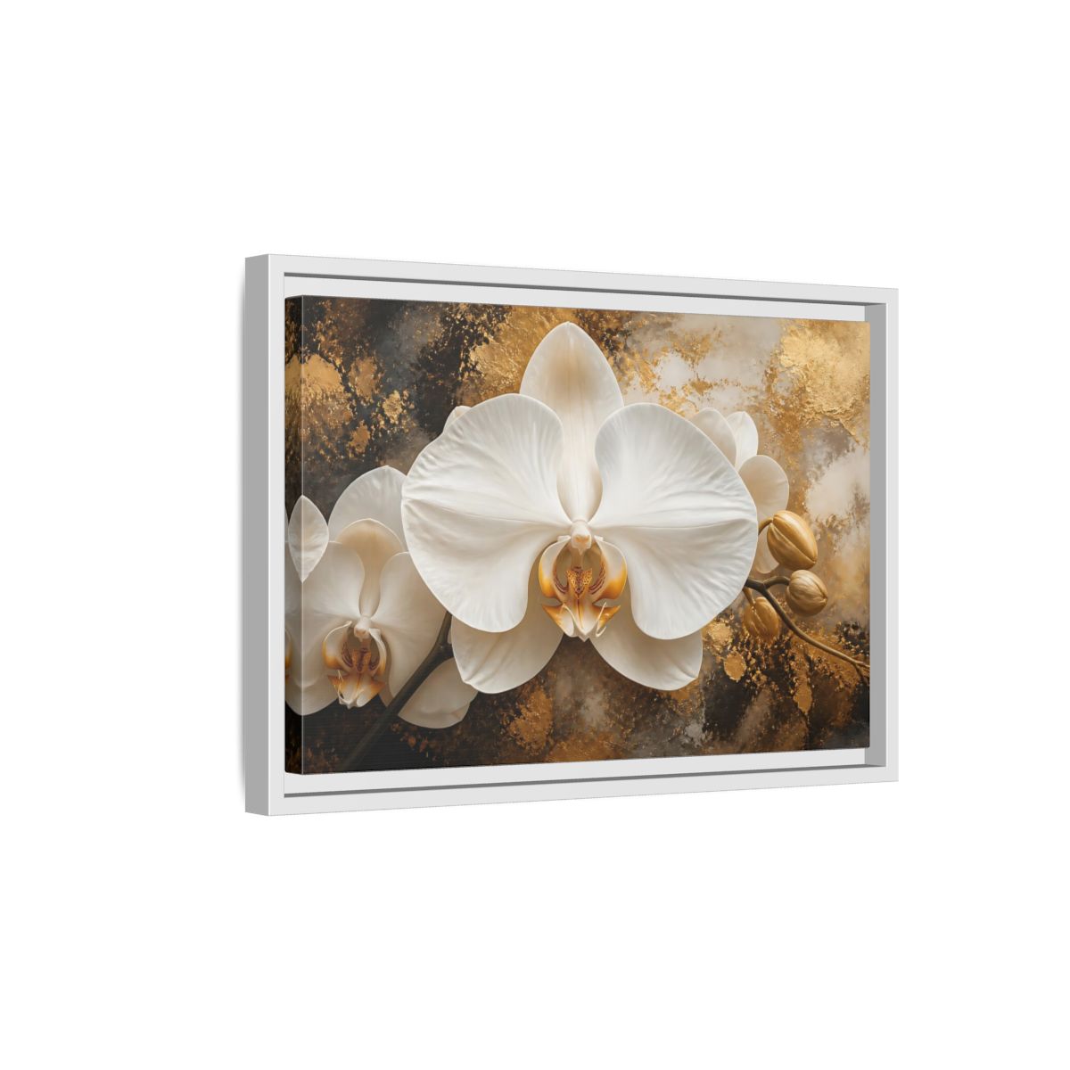 Side Mockup 4. Golden White Orchid shown as framed canvas print