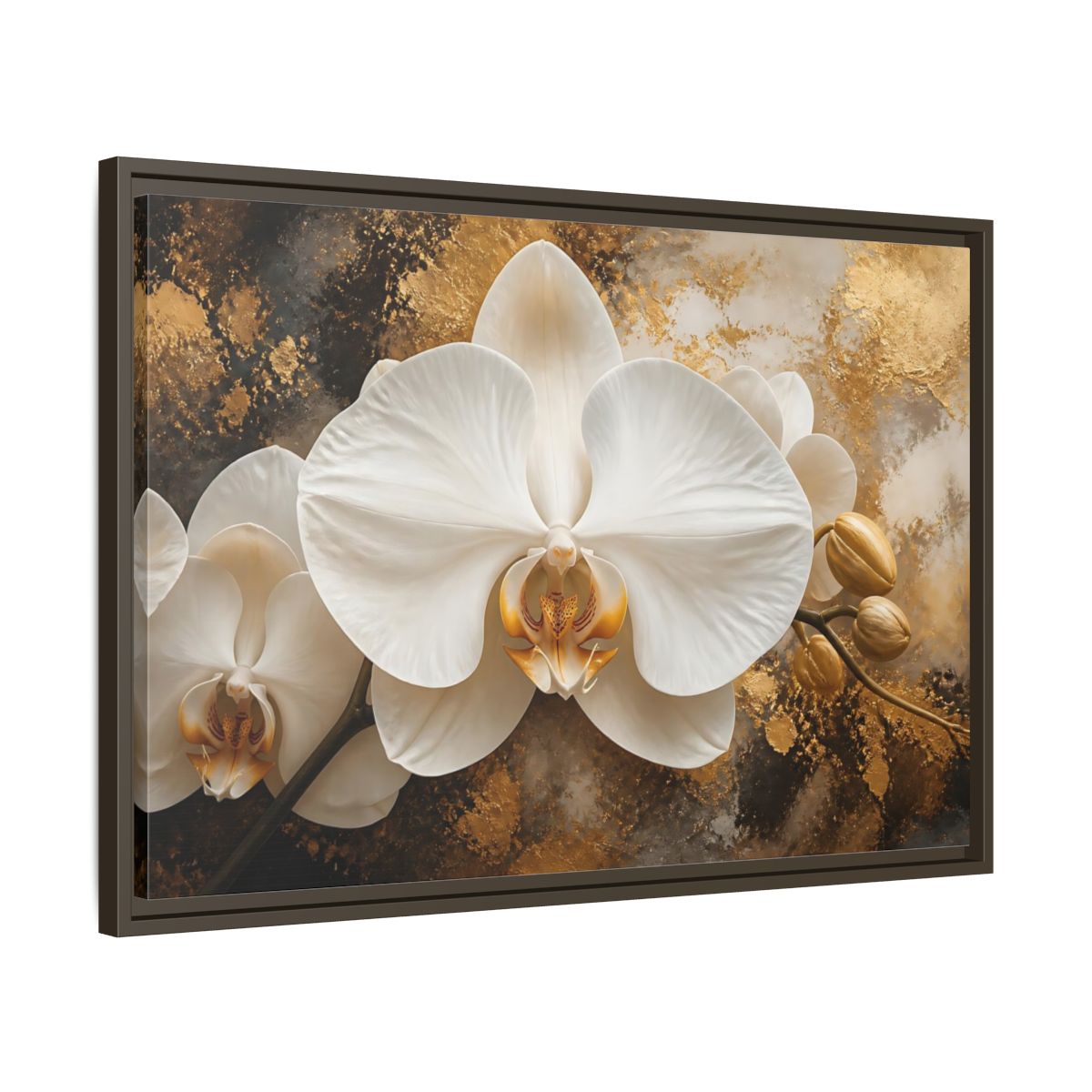 Side Mockup 11. Golden White Orchid shown as framed canvas print
