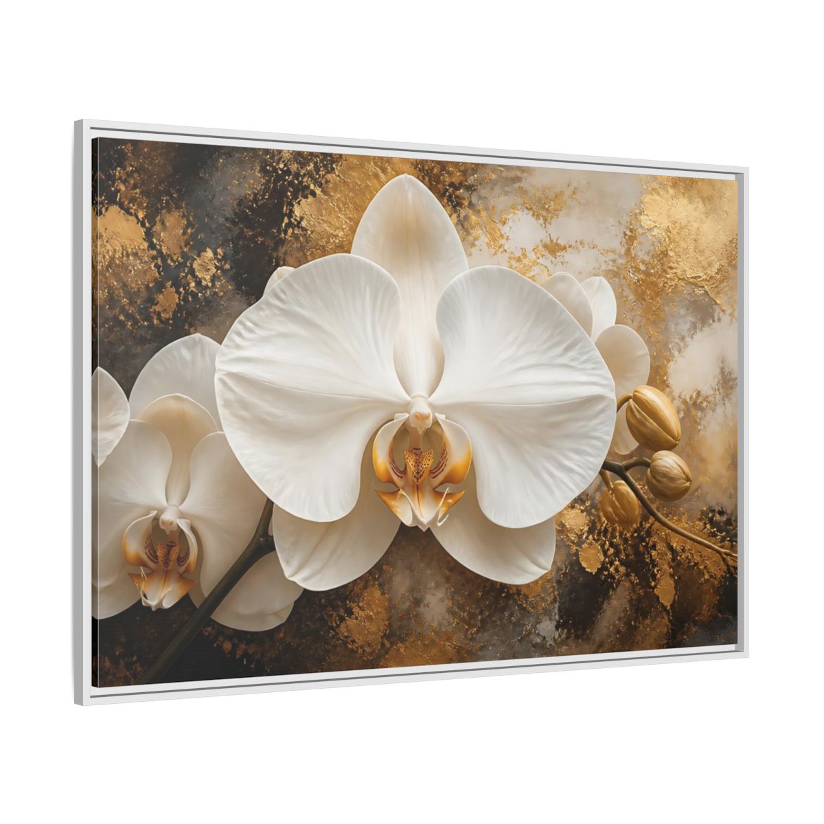 Side Mockup 7. Golden White Orchid shown as framed canvas print