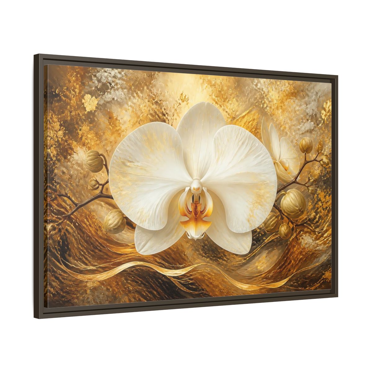 Main Mockup. Golden White Orchid shown as framed canvas print