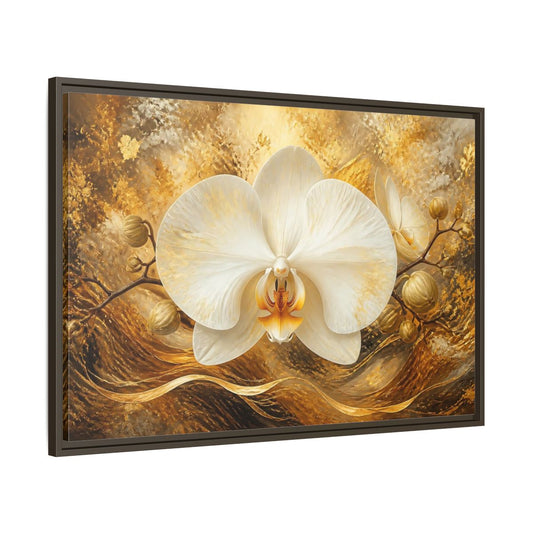 Main Mockup. Golden White Orchid shown as framed canvas print