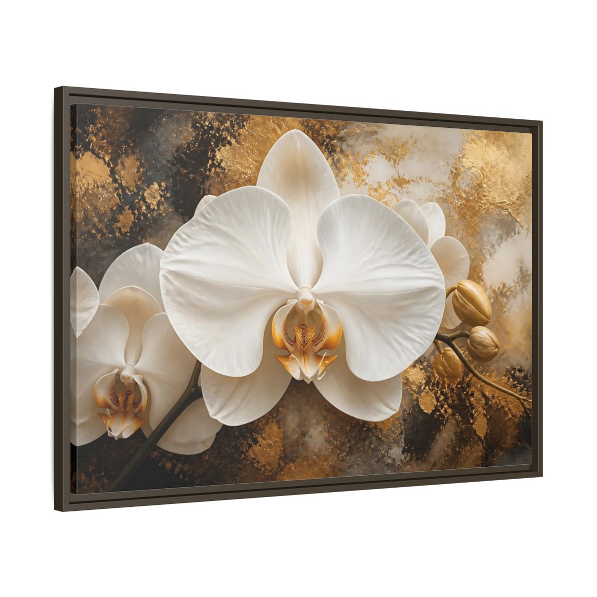 Main Mockup. Golden White Orchid shown as framed canvas print