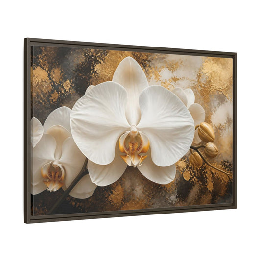 Main Mockup. Golden White Orchid shown as framed canvas print