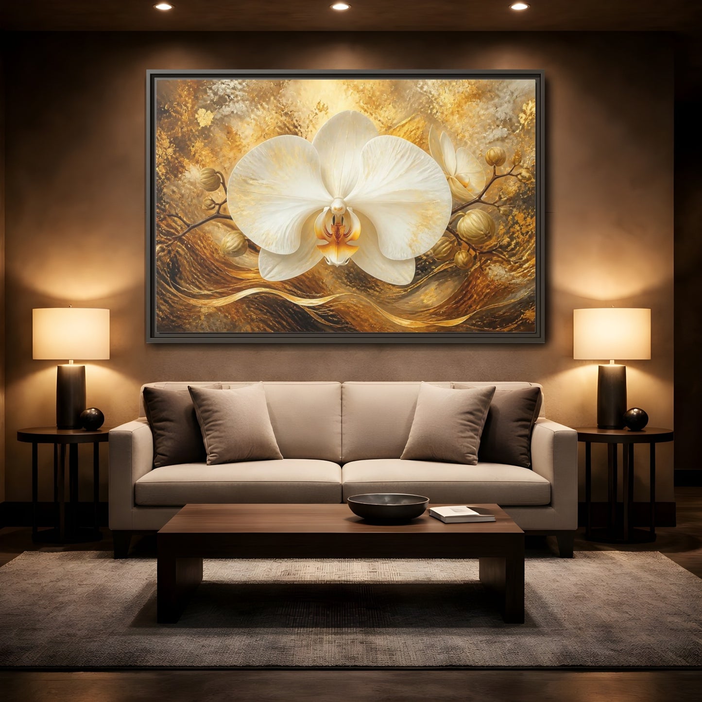 Mockup 2. Golden White Orchid shown as framed canvas print