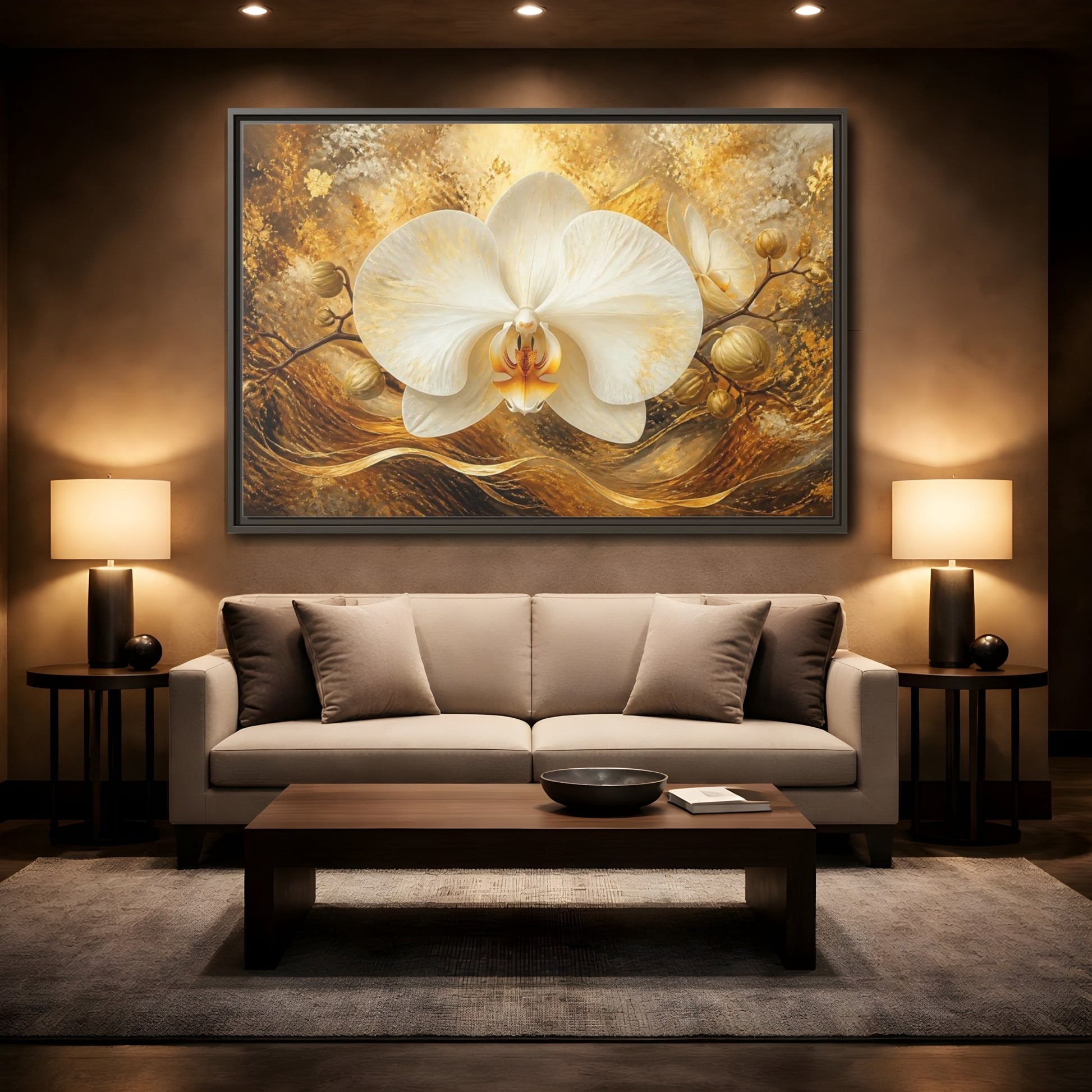 Mockup 2. Golden White Orchid shown as framed canvas print