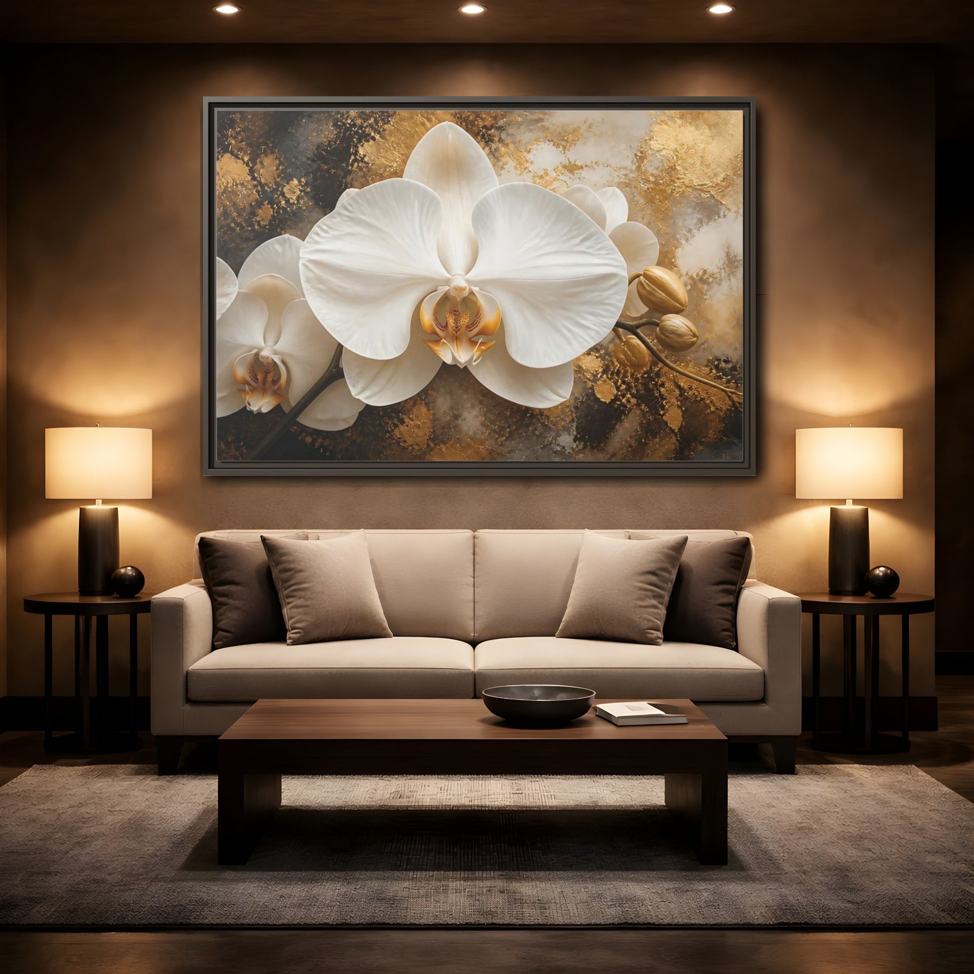 Mockup 2. Golden White Orchid shown as framed canvas print