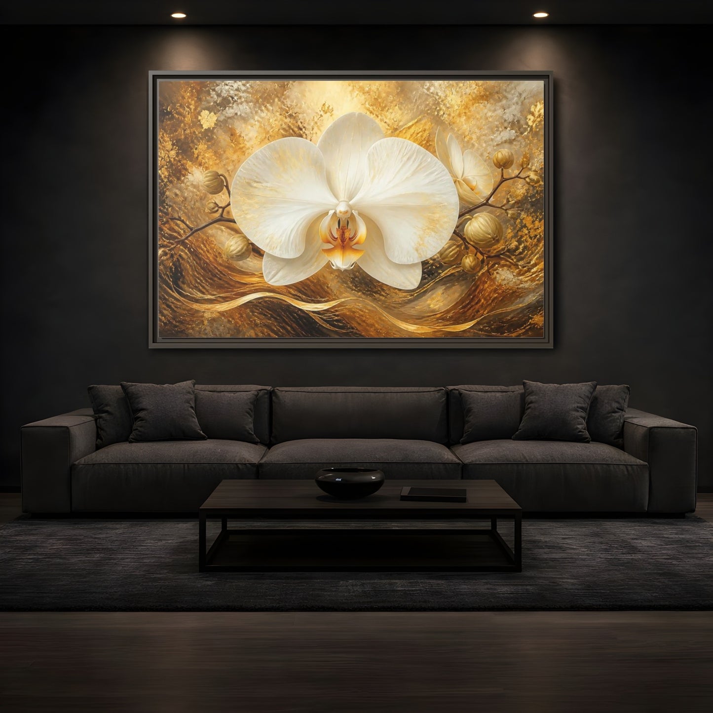 Mockup 3. Golden White Orchid shown as framed canvas print