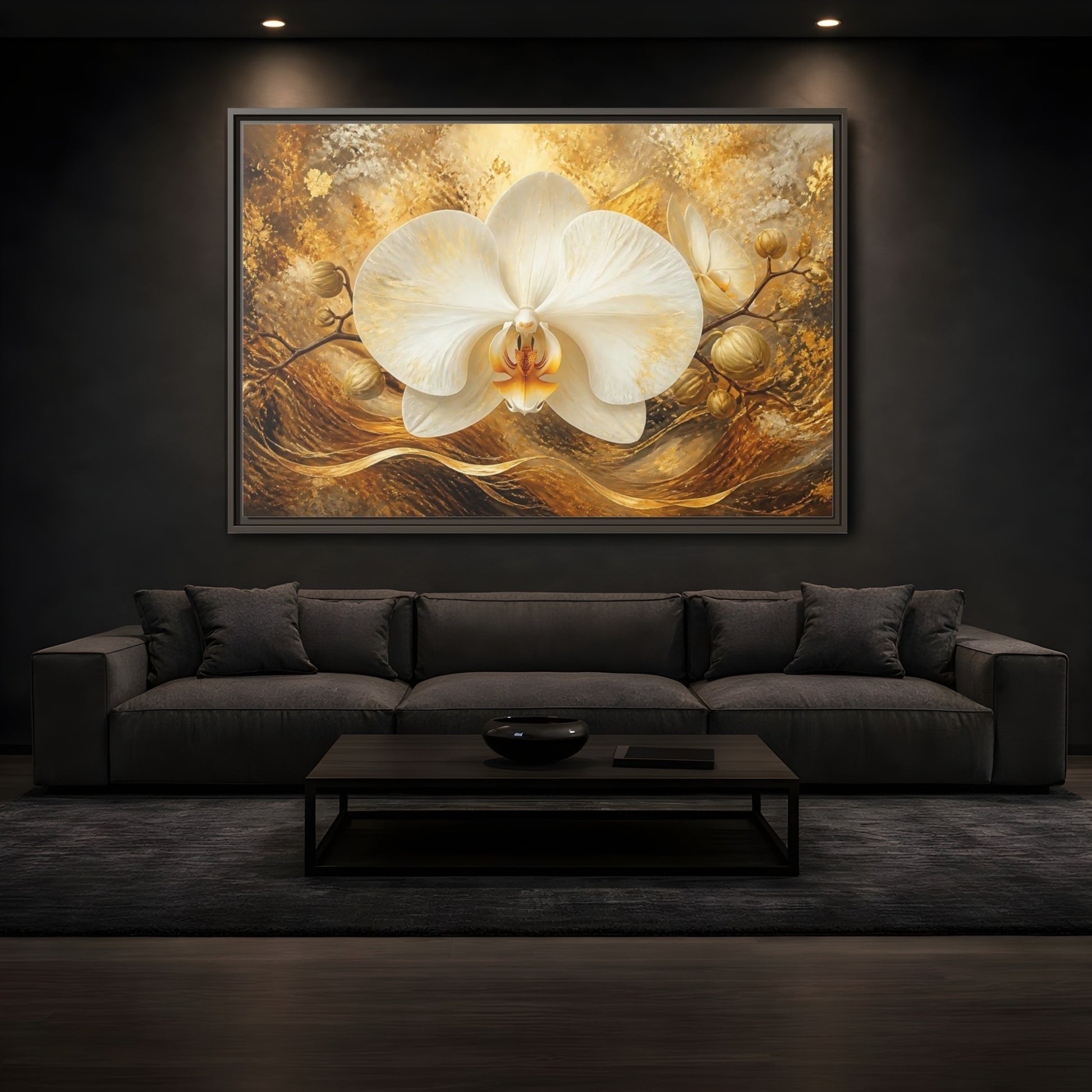Mockup 3. Golden White Orchid shown as framed canvas print