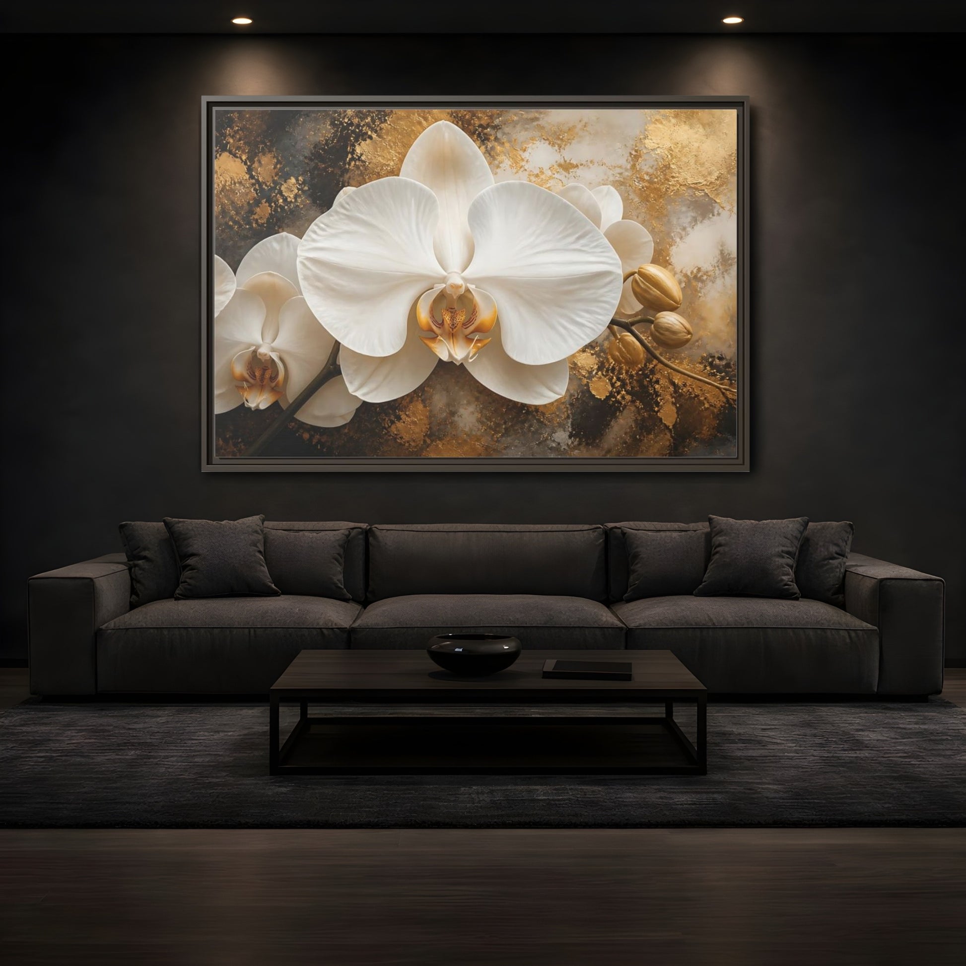 Mockup 3. Golden White Orchid shown as framed canvas print