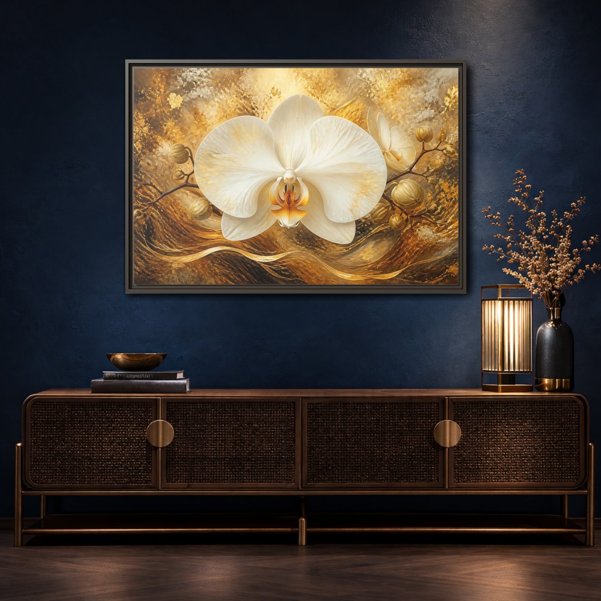 Mockup 4. Golden White Orchid shown as framed canvas print