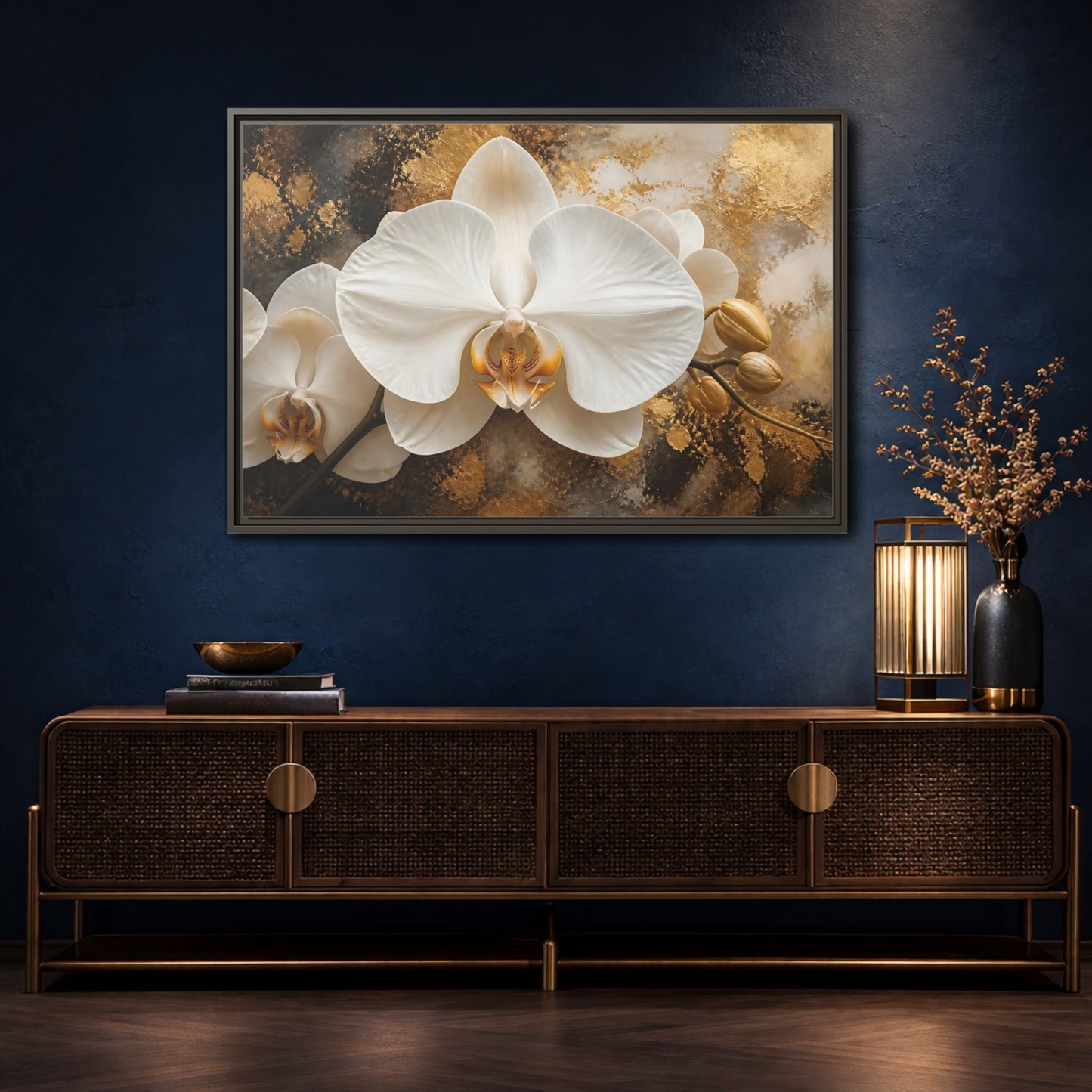 Mockup 4. Golden White Orchid shown as framed canvas print