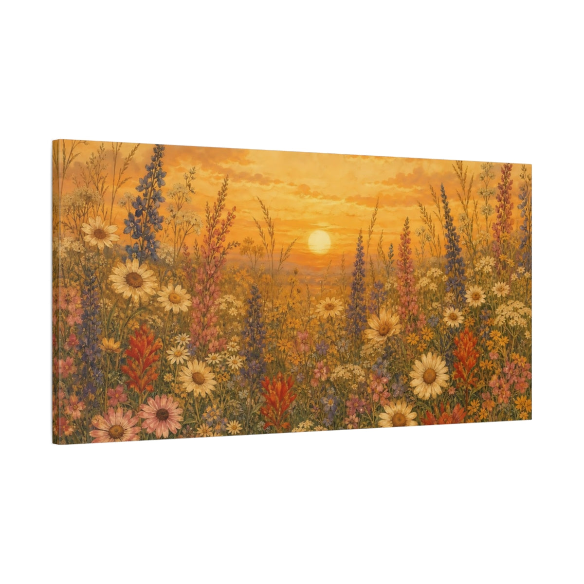 Main Mockup. Golden Wildflower Sunset shown as canvas print