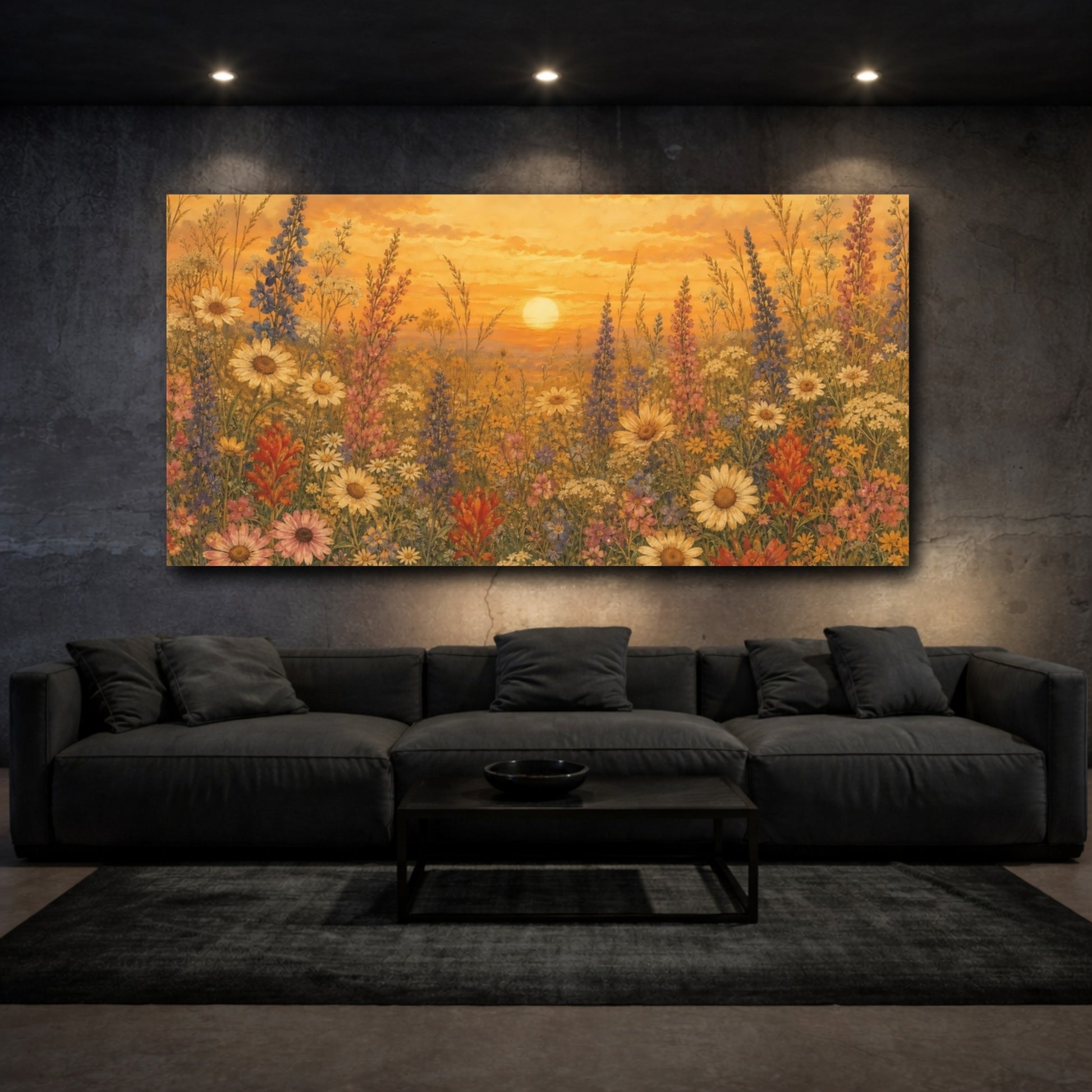 Mockup 3. Golden Wildflower Sunset shown as canvas print