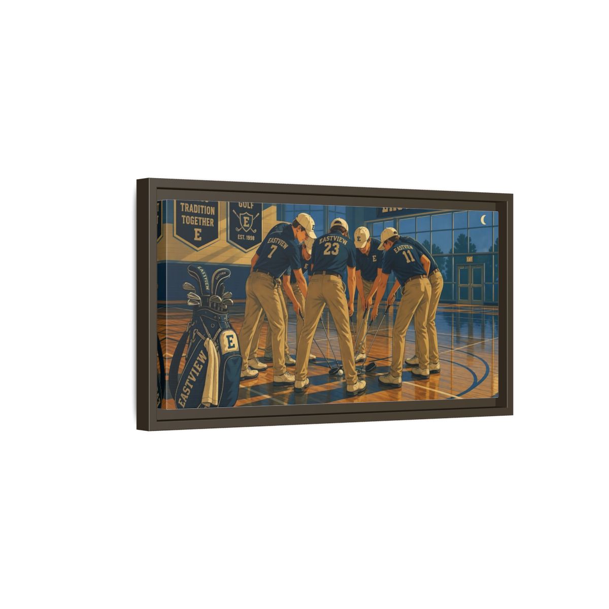 Side Mockup 7. Golf Team Huddle shown as framed canvas print