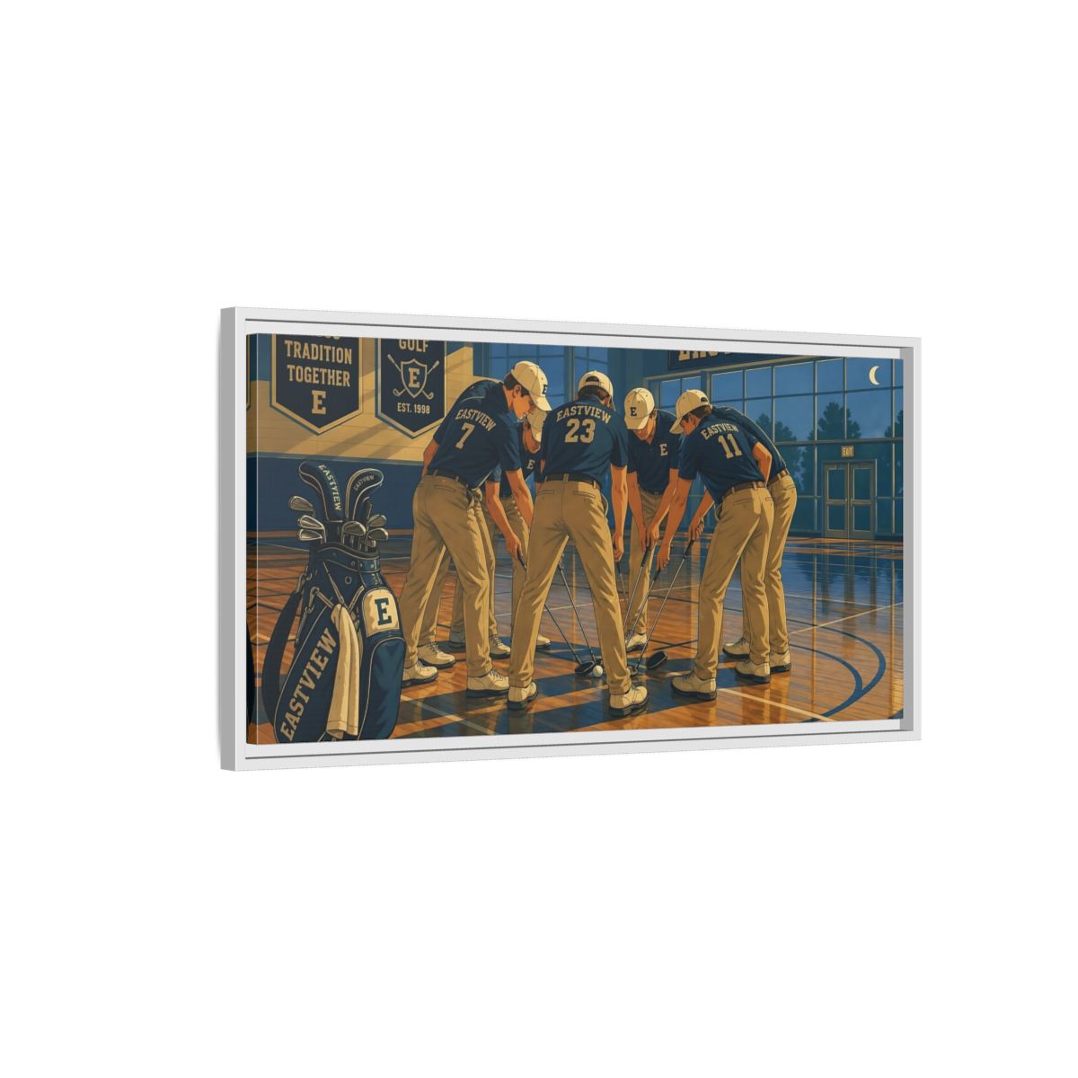 Side Mockup 1. Golf Team Huddle shown as framed canvas print