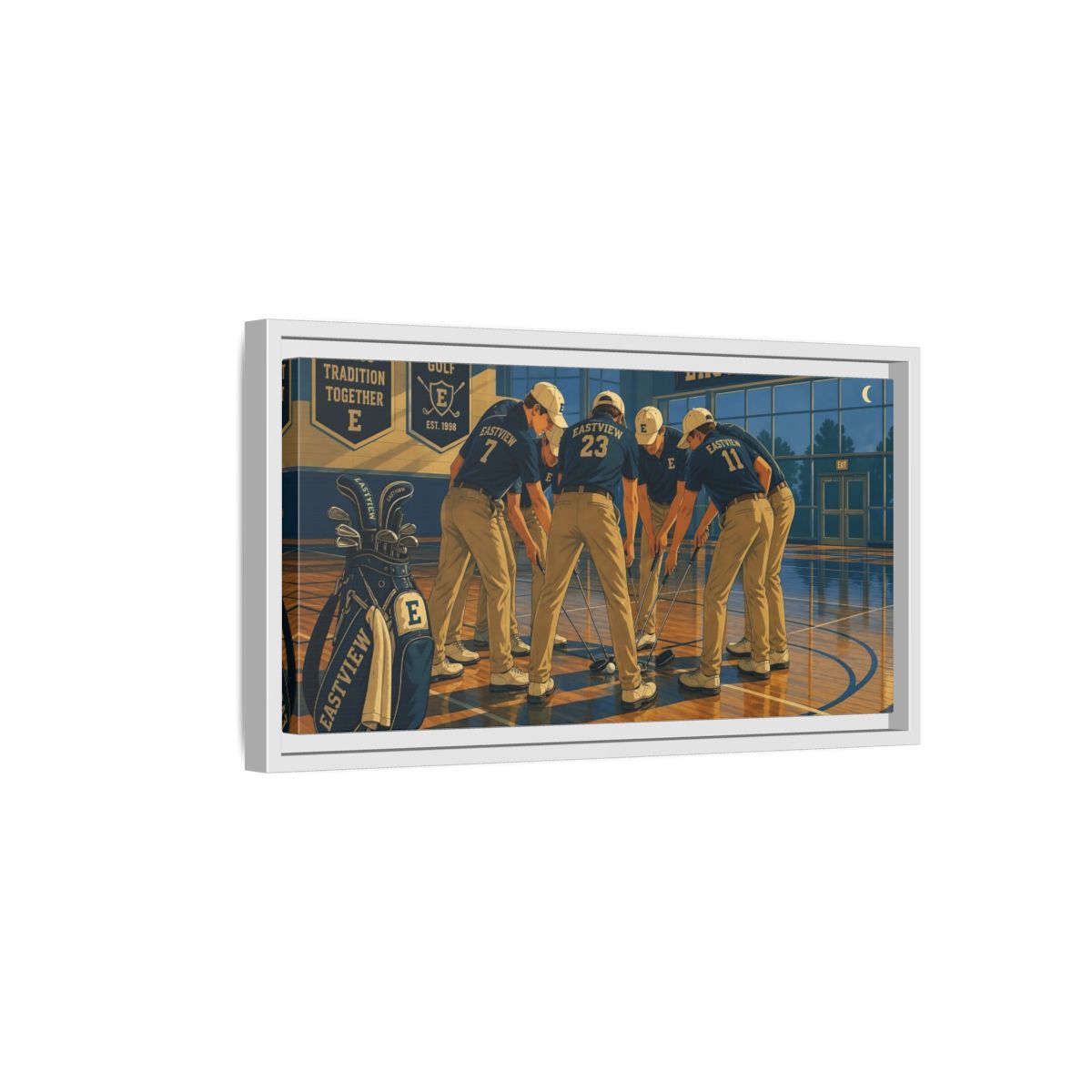 Side Mockup 6. Golf Team Huddle shown as framed canvas print