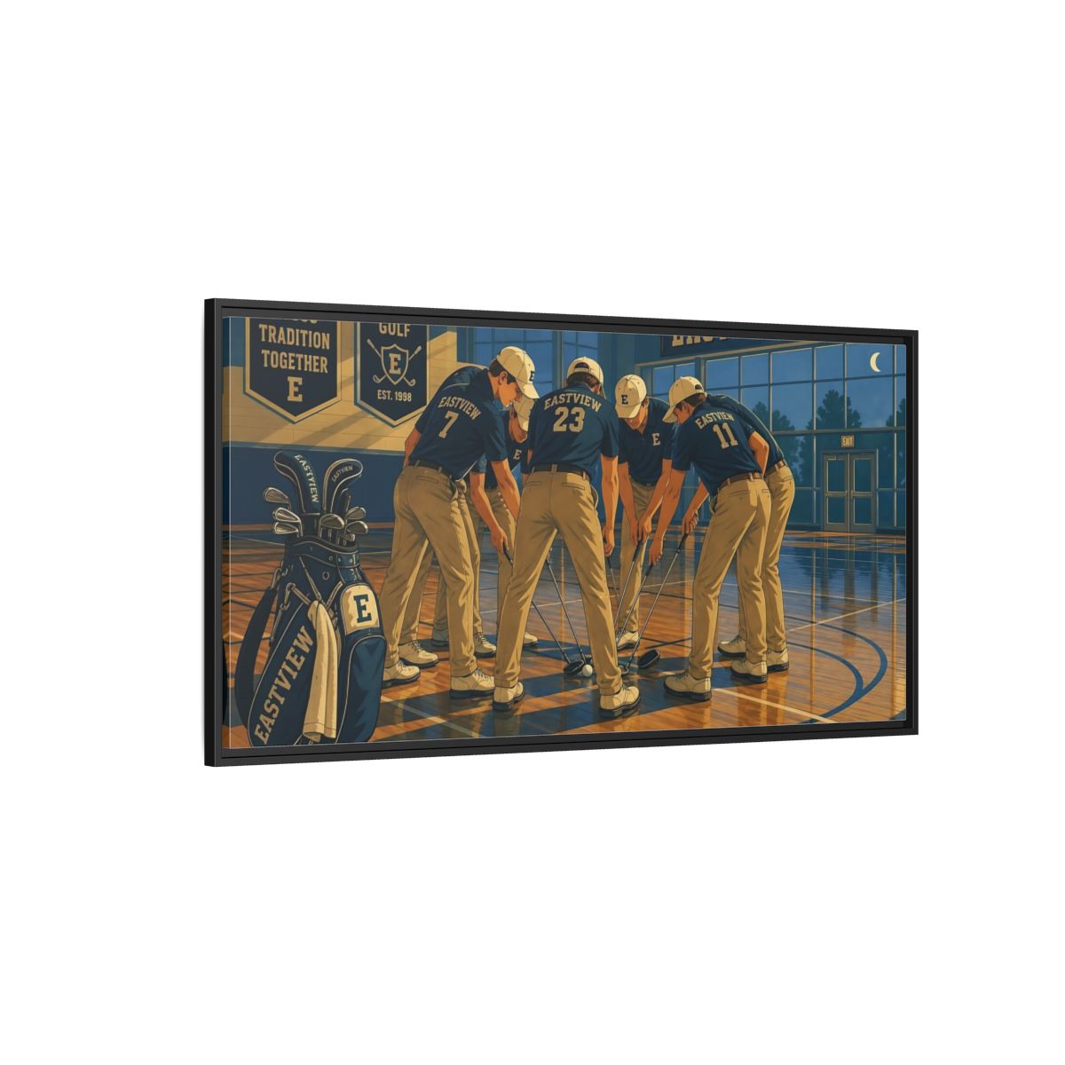 Side Mockup 5. Golf Team Huddle shown as framed canvas print