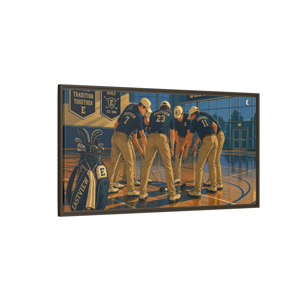 Side Mockup 4. Golf Team Huddle shown as framed canvas print
