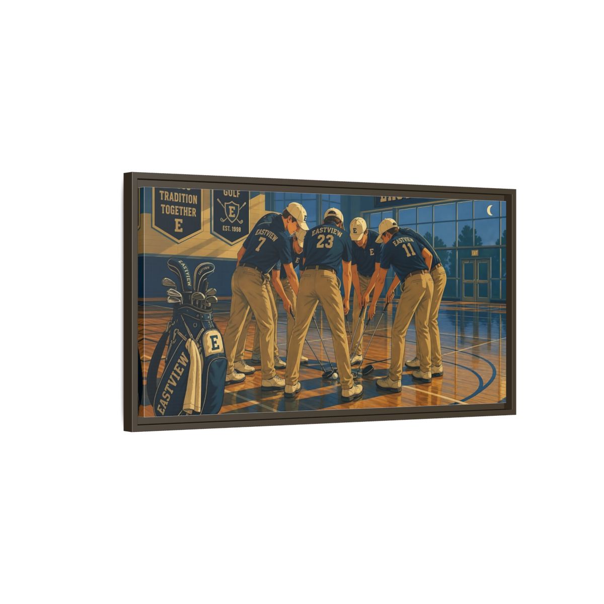 Main Mockup. Golf Team Huddle shown as framed canvas print