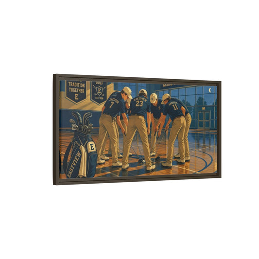 Main Mockup. Golf Team Huddle shown as framed canvas print