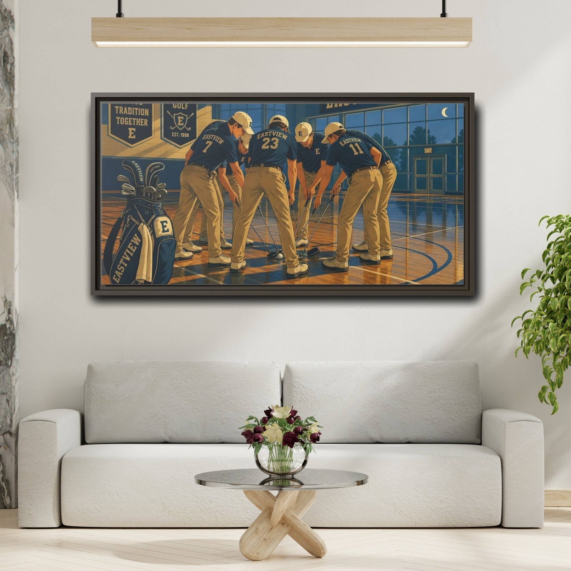 Mockup 2. Golf Team Huddle shown as framed canvas print