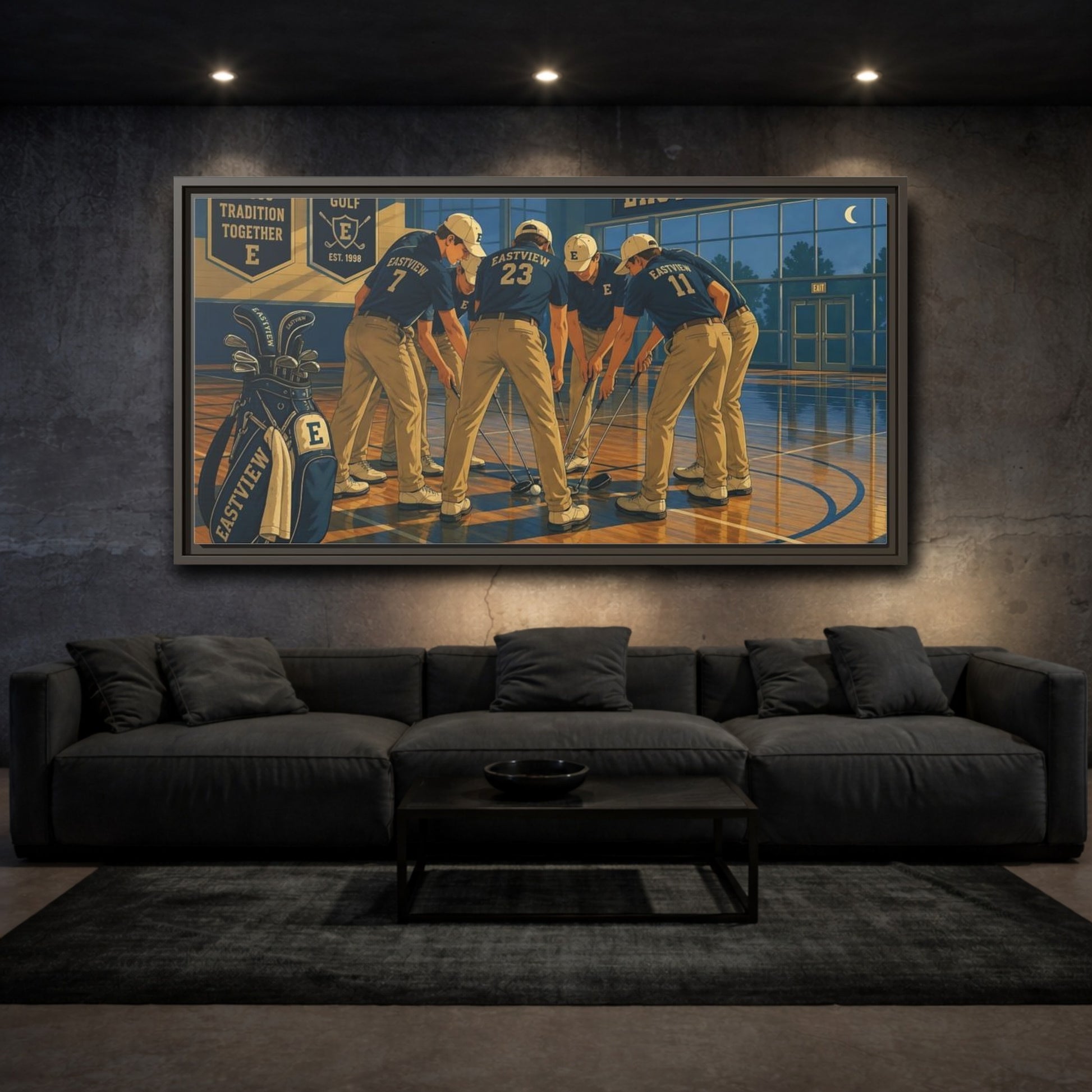 Mockup 3. Golf Team Huddle shown as framed canvas print